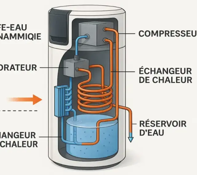 Schéma d'un chauffe-eau thermodynamique montrant le compresseur, l'évaporateur, les échangeurs de chaleur et le réservoir d'eau.