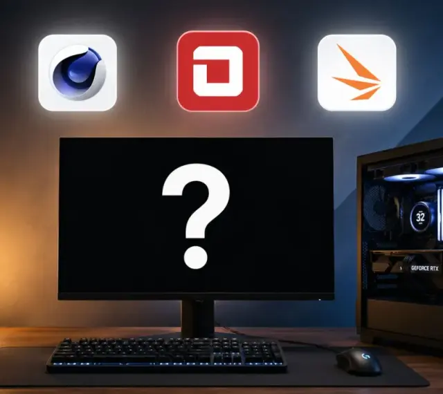Komputer z podświetlanym chłodzeniem i kartą GeForce RTX, gotowy na test wydajności. Nad monitorem ikony programów: Cinema 4D, DaVinci Resolve, Blender.