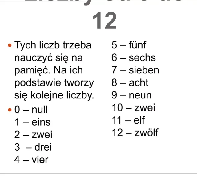 Nauka liczb po niemiecku: 0-null, 1-eins, 2-zwei, 3-drei, 4-vier, 5-fünf, 6-sechs, 7-sieben, 8-acht, 9-neun, 10-zehn, 11-elf, 12-zwölf.