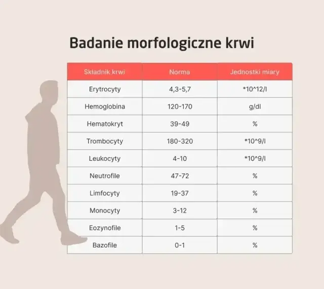 Tabela z badaniem morfologicznym krwi, pokazująca normy dla różnych składników, w tym neutrofili. Niska liczba neutrofili może wskazywać na neutropenię.