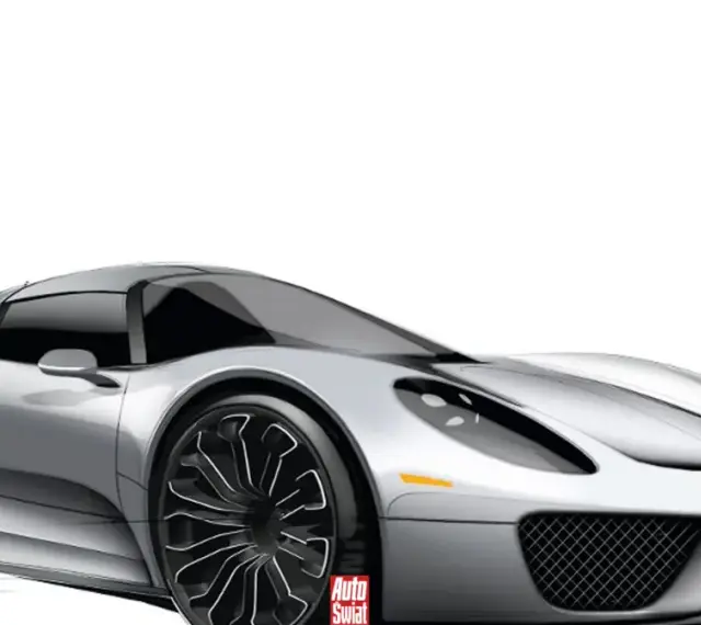 Srebrny Porsche 918 Spyder na białym tle, z widocznym logo "Auto Świat".