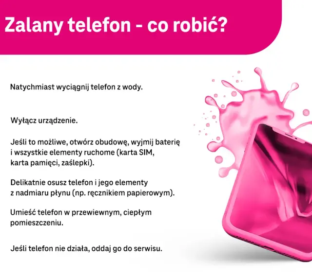 Zalany telefon? Natychmiast wyciągnij go z wody, wyłącz, osusz i umieść w przewiewnym miejscu. Jeśli nie działa, oddaj do serwisu.