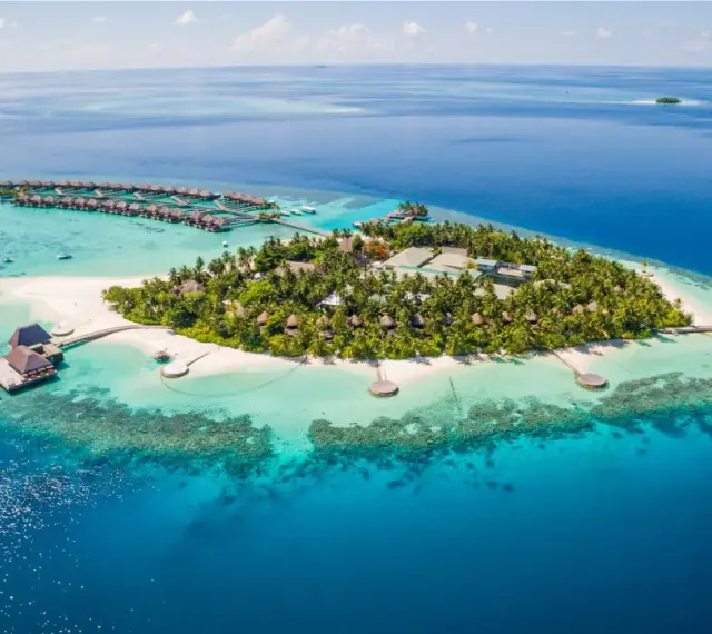 Rajskie Malediwy wiza: wyspa z bungalowami na wodzie, plażą i palmami, otoczona turkusową wodą.