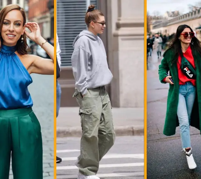 Tres mujeres lucen estilos urbanos. Una lleva un top azul y pantalones verdes, otra un conjunto gris y cargo, y la tercera un abrigo verde con rojo. Muestran cómo los colores que combinan con el verde son versátiles.