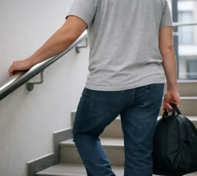 Mężczyzna z torbą idzie po schodach, podpierając się poręczy. To jego pierwsze samodzielne chodzenie po operacji wyrostka.