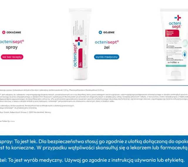 Octenisept spray i żel to produkty do dezynfekcji i gojenia ran. Spray jest lekiem, a żel wyrobem medycznym. Oba pomagają w leczeniu oparzeń.