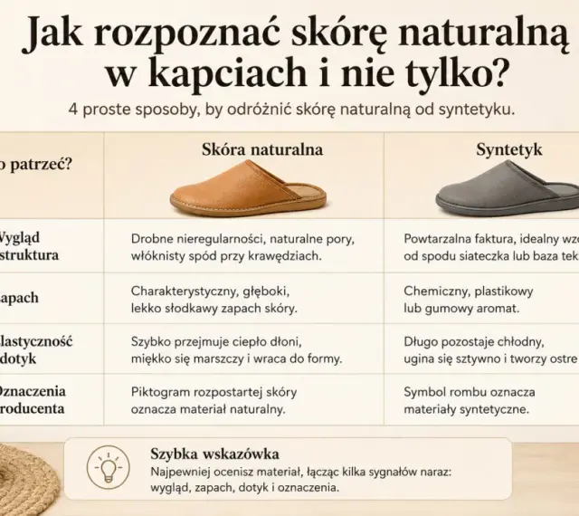 Tabela porównuje skórę naturalną i syntetyk, wyjaśniając, jak rozpoznać skórę ekologiczną co to jest, po wyglądzie, zapachu i dotyku.