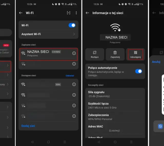 Jak sprawdzić SSID w telefonie? Ekran pokazuje ustawienia Wi-Fi, gdzie nazwa sieci (SSID) jest widoczna. Można też udostępnić hasło.