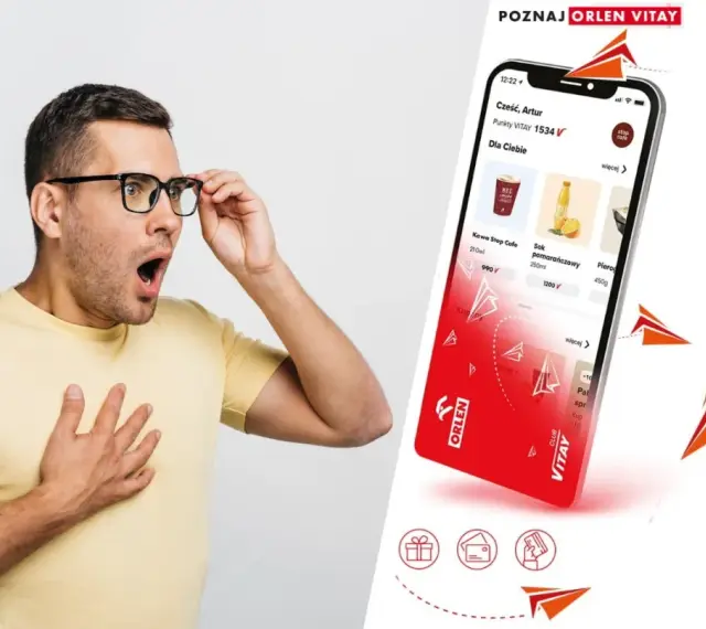 Zaskoczony mężczyzna odkrywa aplikację Orlen Vitay z promocjami i punktami.