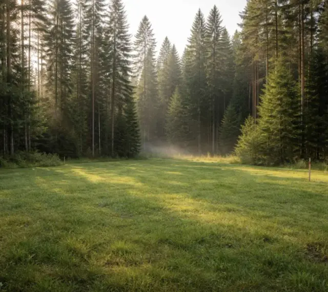 Oznakowane działki budowlane przy lesie, z mgłą unoszącą się nad trawą, pokazują, dlaczego działki budowlane przy lasach mogą zostać uznane za tereny zielone.