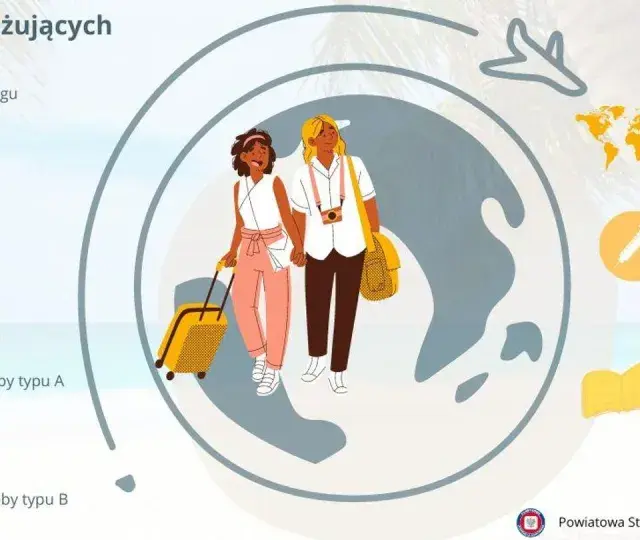 Dwie kobiety z walizkami przygotowują się do podróży, a grafika informuje o szczepieniach, np. na żółtą gorączkę, w kontekście zdrowej podróży.