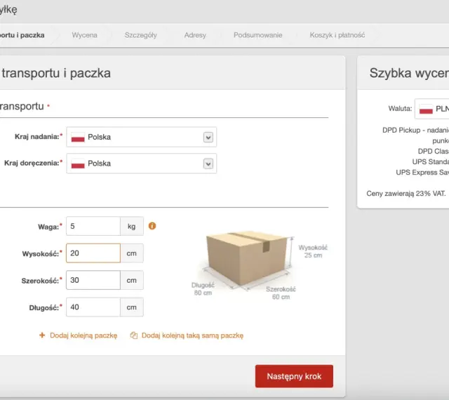Formularz do zamówienia przesyłki. Wpisz, ile ważą dresy, ich wymiary i wybierz kraj nadania/doręczenia. Szybka wycena pokazuje ceny.