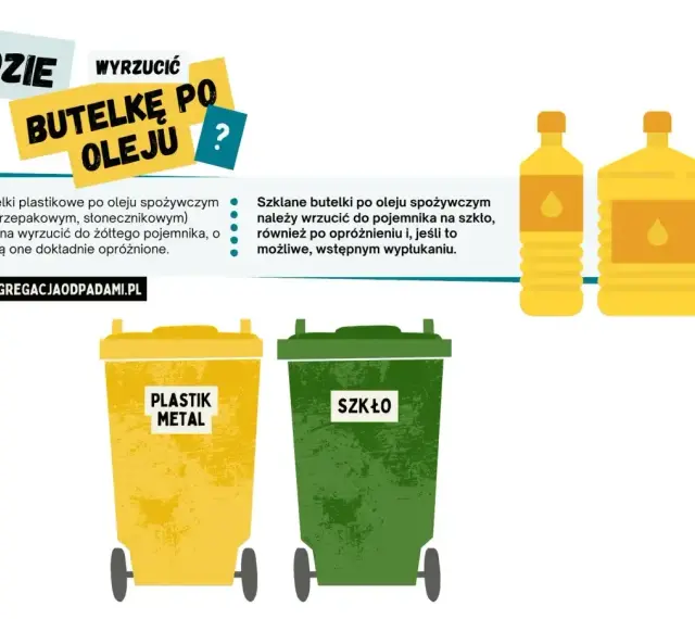 Gdzie wyrzucić butelkę po oleju? Plastikowe do żółtego pojemnika, szklane do zielonego. Pamiętaj o opróżnieniu!