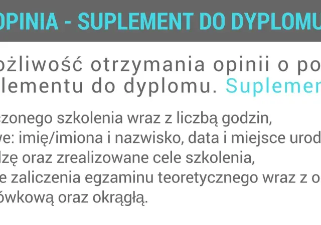 Opinia - suplement do dyplomu zawiera dane szkolenia, osobiste, wiedzę, ocenę egzaminu i pieczęcie.