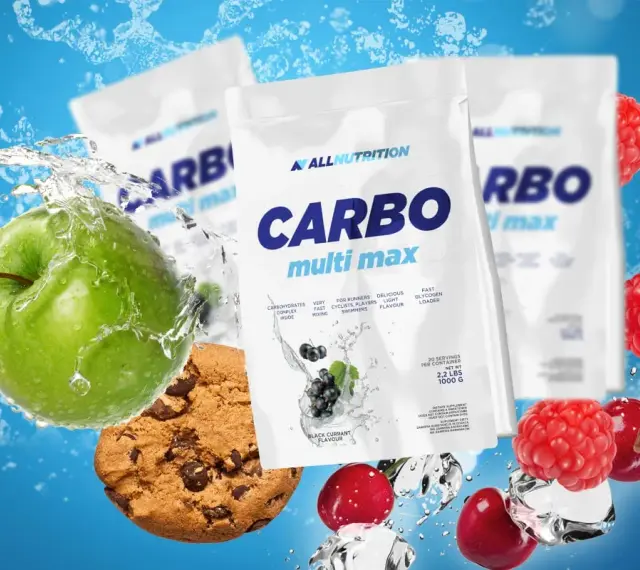 Opakowania odżywki CARBO multi max, zielone jabłko, ciastko z czekoladą, maliny i kostki lodu.