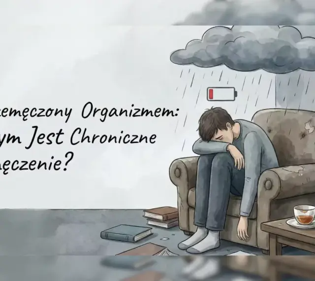 Chłopak siedzi przygnębiony w fotelu pod deszczową chmurą z ikoną rozładowanej baterii. To obraz objawów przemęczenia.