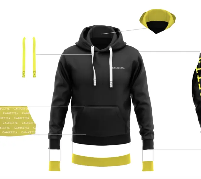 Czarna bluza z kapturem i żółtymi detalami. Widoczne bluzy firmowe z logo CAMICETTA na rękawie i taśmie.