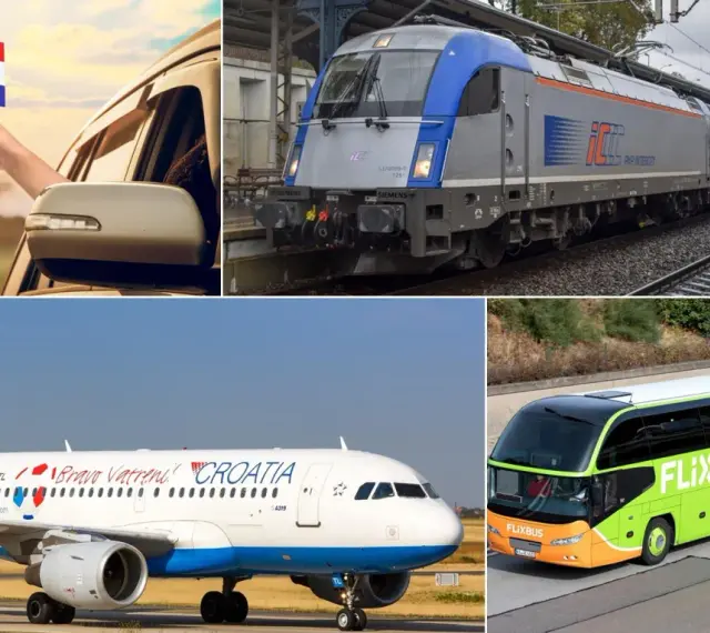 Różne środki transportu na wakacje do Chorwacji: ręka z flagą, pociąg, samolot Croatia Airlines i zielony autokar Flixbus.