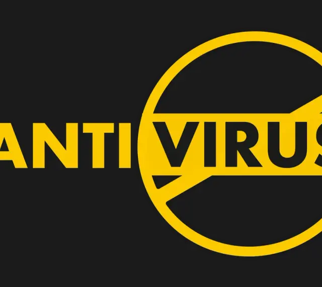 Żółty napis "ANTI VIRUS" na czarnym tle, z kółkiem i przekreśleniem symbolizującym ochronę.