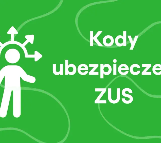 Biała ikona postaci z rozchodzącymi się strzałkami nad głową, obok napis "Kody ubezpieczeń ZUS".