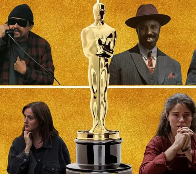 Gwiazdy filmowe w oczekiwaniu na Oscary 2026. Złoty Oscar pośrodku, a wokół niego aktorzy z różnych produkcji.