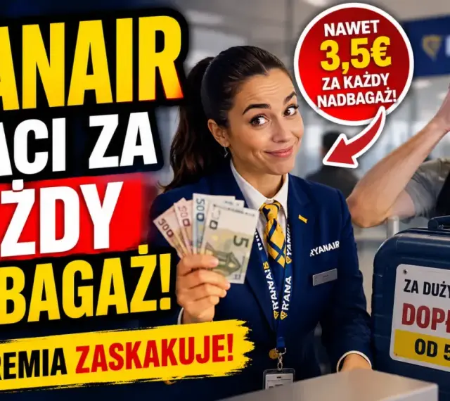 Pracownica Ryanair pokazuje pieniądze, sugerując, ile kosztuje nadbagaż w Ryanair. Klient jest zaskoczony.