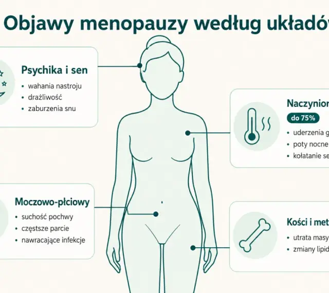 Ilustracja przedstawia objawy menopauzy: psychika i sen, naczynioruchowe, moczowo-płciowe, kości i metabolizm.