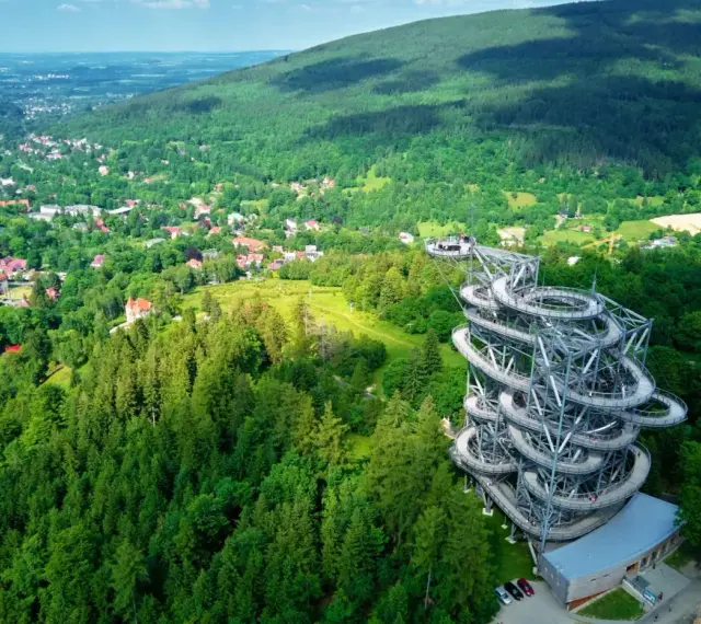 Widok na wieżę widokową w otoczeniu lasów i miasteczka. Idealne miejsce, gdzie w góry można wybrać się na spacer i podziwiać panoramę.