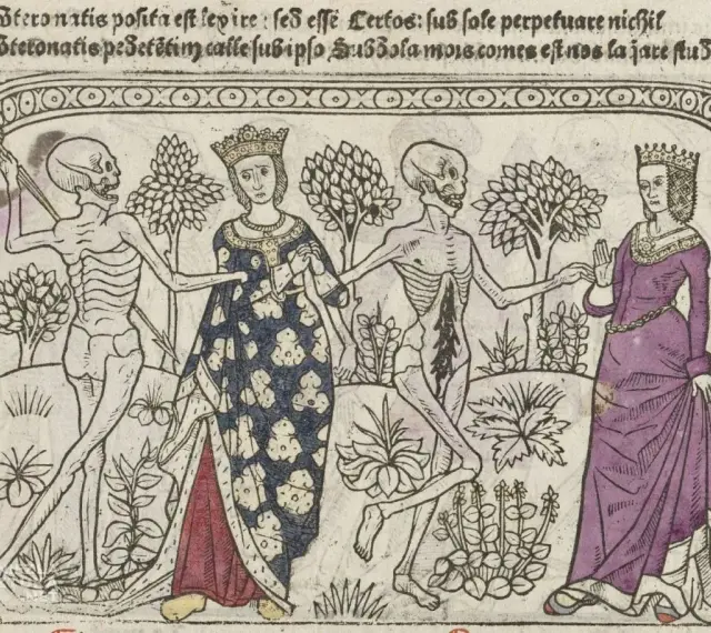 Taniec śmierci (danse macabre) z królową i szkieletem. Królowa w koronie i bogatej sukni tańczy ze szkieletem, który trzyma kosę.