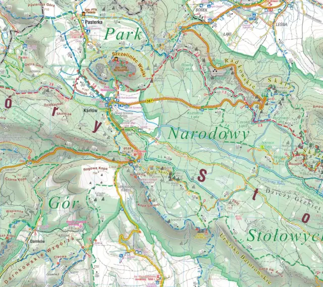 Mapa atrakcji Gór Stołowych: szlaki piesze, punkty widokowe, schroniska i zabytki.