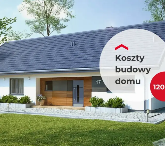 Nowoczesny dom 200m2 z garażem, drewnianą elewacją i dużym ogrodem. Na wizualizacji widnieje napis "Koszty budowy domu 120 m²".