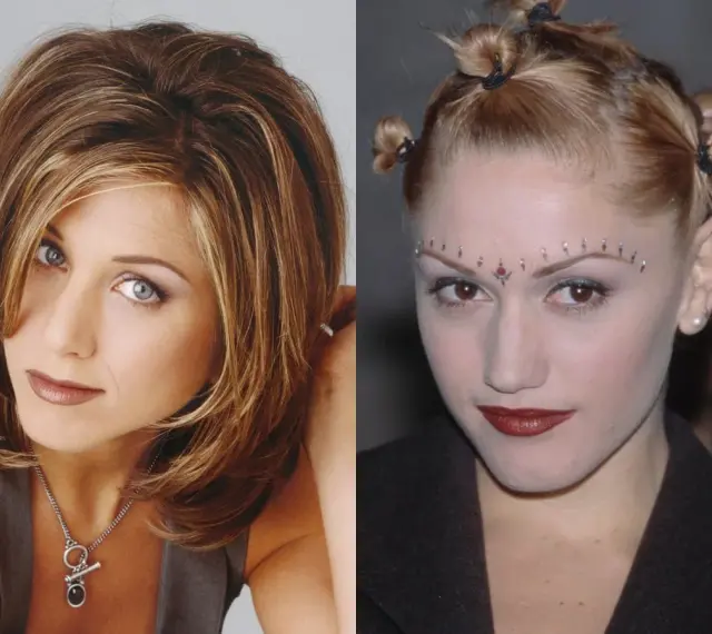 Ikony lat 90. z charakterystycznymi fryzurami: Jennifer Aniston z warstwową, brązową fryzurą i Gwen Stefani z kucykami i ozdobami na czole.