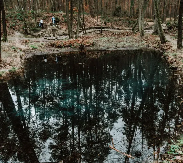 Spokojne źródełko objawienia w lesie, odbijające drzewa. W oddali widać kamienne schody i figurę Matki Boskiej.