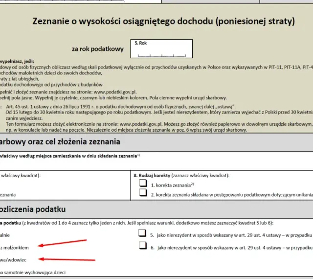 Formularz PIT-37, sekcja "Rodzaj korekty" zaznaczona opcja "korekta zeznania". Wskazanie sposobu rozliczenia podatku: wspólnie z małżonkiem lub jako wdowa/wdowiec.