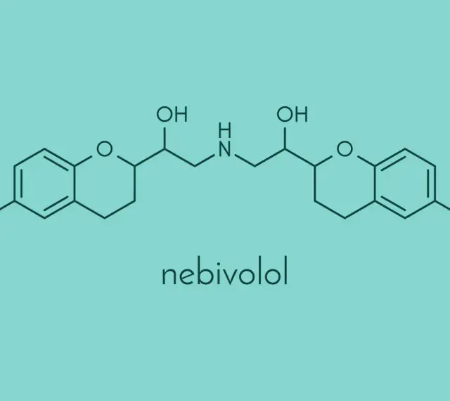 Struktura chemiczna nebiwololu, leku stosowanego w leczeniu nadciśnienia.