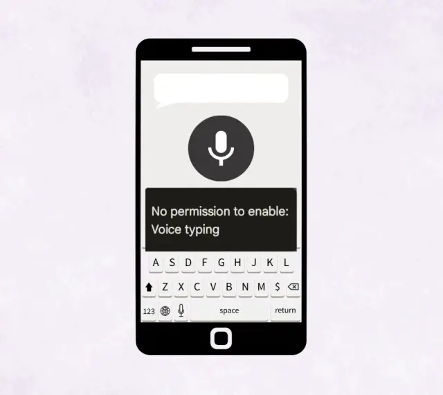 Telefon wyświetla komunikat: brak uprawnień aby włączyć pisanie głosowe. Ikona mikrofonu jest szara.