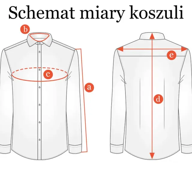 Schemat miary koszuli męskiej. Wymiary: a - długość, b - kołnierzyk, c - klatka piersiowa, d - długość całkowita, e - szerokość ramion. Rozmiar 58 męski.