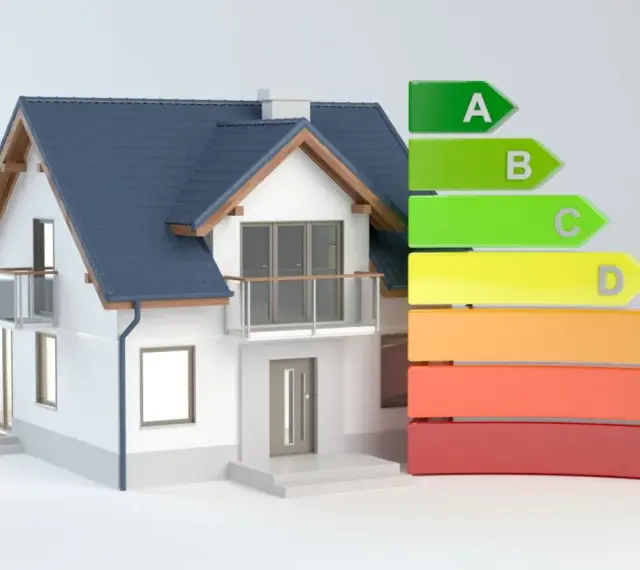 Maison moderne avec étiquette énergétique. Un audit énergétique tarif peut révéler la classe A à G de votre logement.