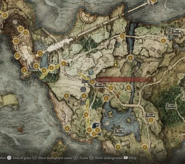 Mapa de Elden Ring. La zona de Gatefront es ideal para farmear runas.