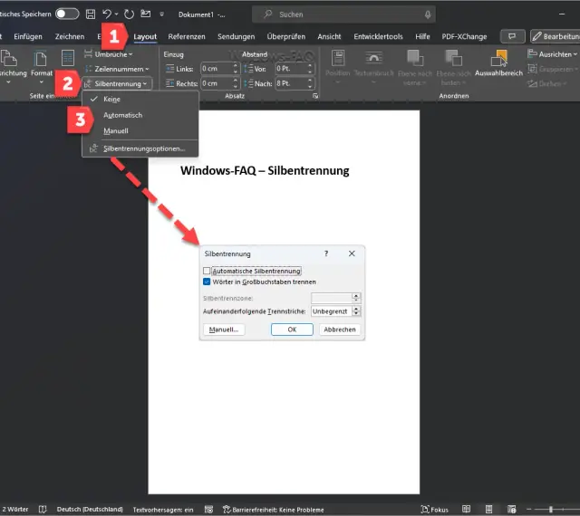 Menüpunkt "Layout" > "Silbentrennung" > "Automatisch" ausgewählt. Dialogfeld "Silbentrennung" mit Option "Automatische Silbentrennung" ist geöffnet.