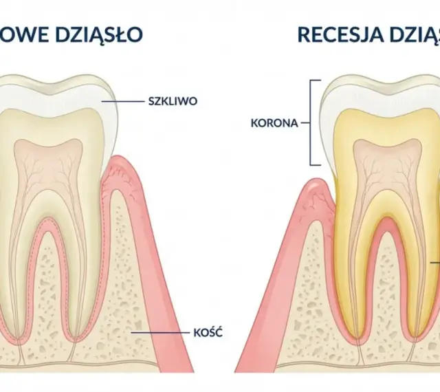 Zdrowe dziąsło vs recesja dziąsła. Recesja powoduje odsłonięcie korzenia i może prowadzić do bólu dziąsła między zębami.