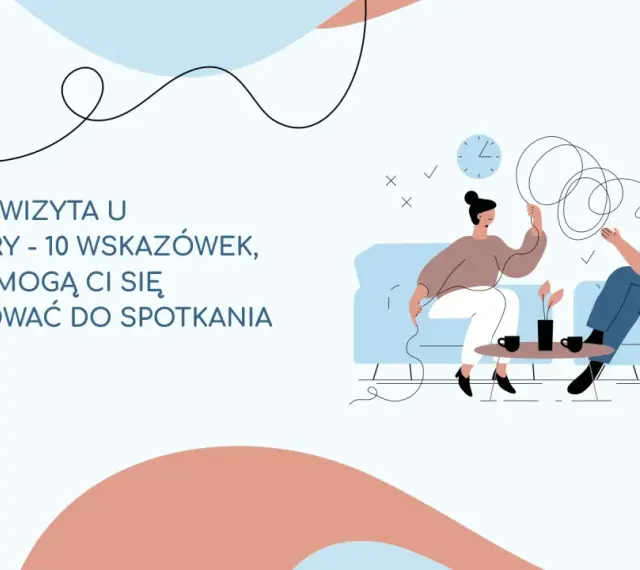 Ilustracja pokazuje, jak wygląda wizyta u psychiatry: dwie osoby siedzą na kanapie, rozmawiając. Na ekranie widnieje napis "Pierwsza wizyta u psychiatry".