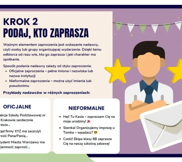 Grafika z tekstem "Krok 2 Podaj, kto zaprasza". Pokazuje przykłady oficjalnych i nieformalnych zaproszeń. Zaproszenie wzór.
