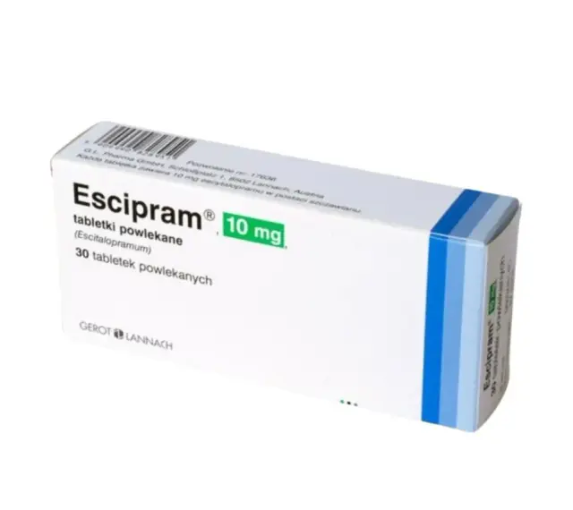 Opakowanie leku Escipram 10 mg, zawierające 30 tabletek powlekanych. To leki na poprawę nastroju od psychiatry.