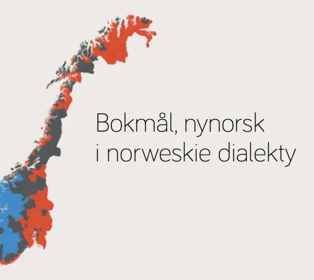 Mapa Norwegii z zaznaczonymi obszarami używania bokmål, nynorsk i norweskich dialektów.