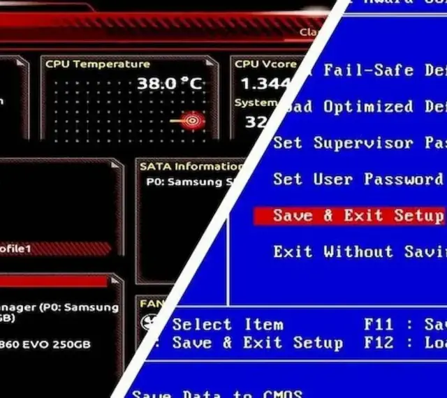 Ekran BIOS-u z informacjami o temperaturze CPU i opcjami, w tym "Save & Exit Setup", co jest kluczowe, gdy zastanawiasz się, jak zaktualizować BIOS.