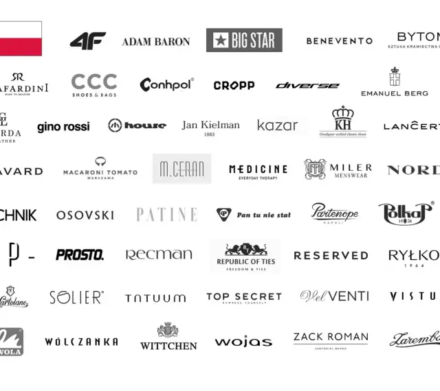 Logotypy polskich marek ubrań na k: 4F, Adam Baron, Big Star, Benevento, Bytom, Cafardini, CCC, Conhpol, Cropp, Diverse, Emanuel Berg, Garda Leather, Gino Rossi, House, Jan Kielman, Kazar, KH, Lancerto, Lavard, Macaroni Tomato, M.Ceran, Medicine, Miler...