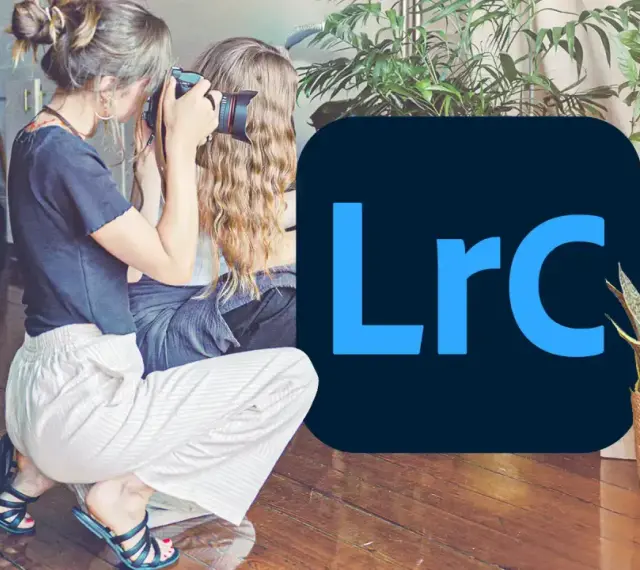 Fotografka robi zdjęcie, a obok logo Lightroom. Odkryj możliwości edycji zdjęć z Lightroom free.