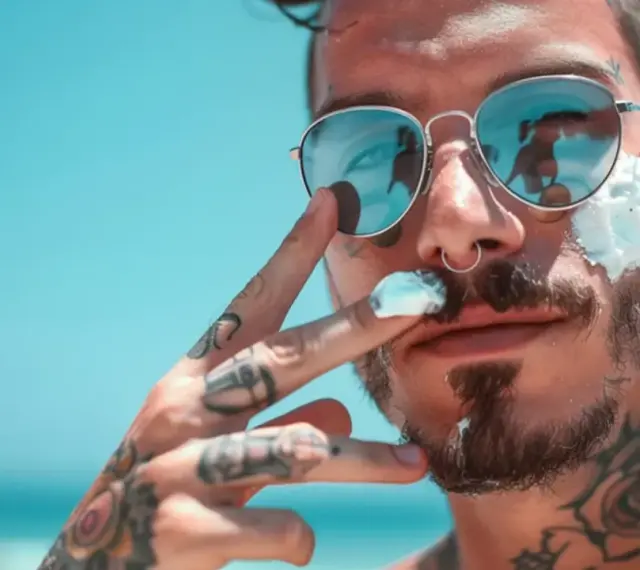 Mężczyzna z tatuażami i monroe piercingiem nakłada krem z filtrem na twarz, odbijając się w okularach.
