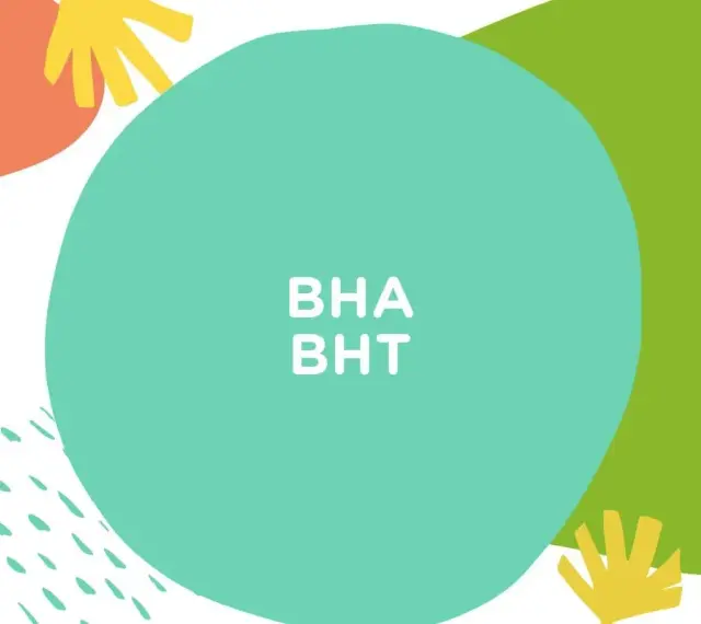 BHA i BHT w kosmetykach. Kolorowe plamy i napisy na białym tle.